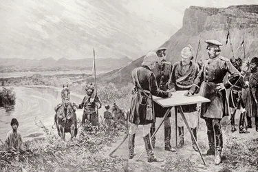 Die afghanische Grenzkommission: Die russischen und britischen Kommissare in Zulfikar, die den Standort des ersten Grenzpfostens festlegen, 12. November, graviert von R. Taylor, aus 
